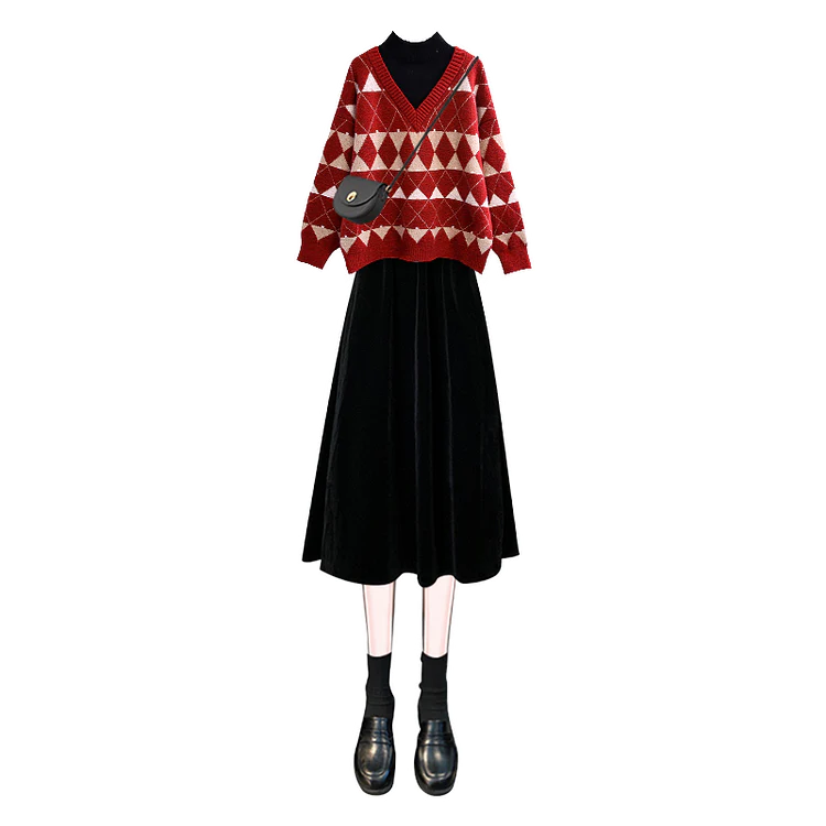 Lory Fake Two Pieces Winter Plaid Sweater and Skirt Set