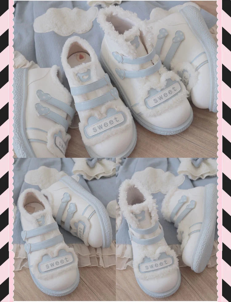 Korean Blue Warm Plush Kawaii Sweet Heart Shoes