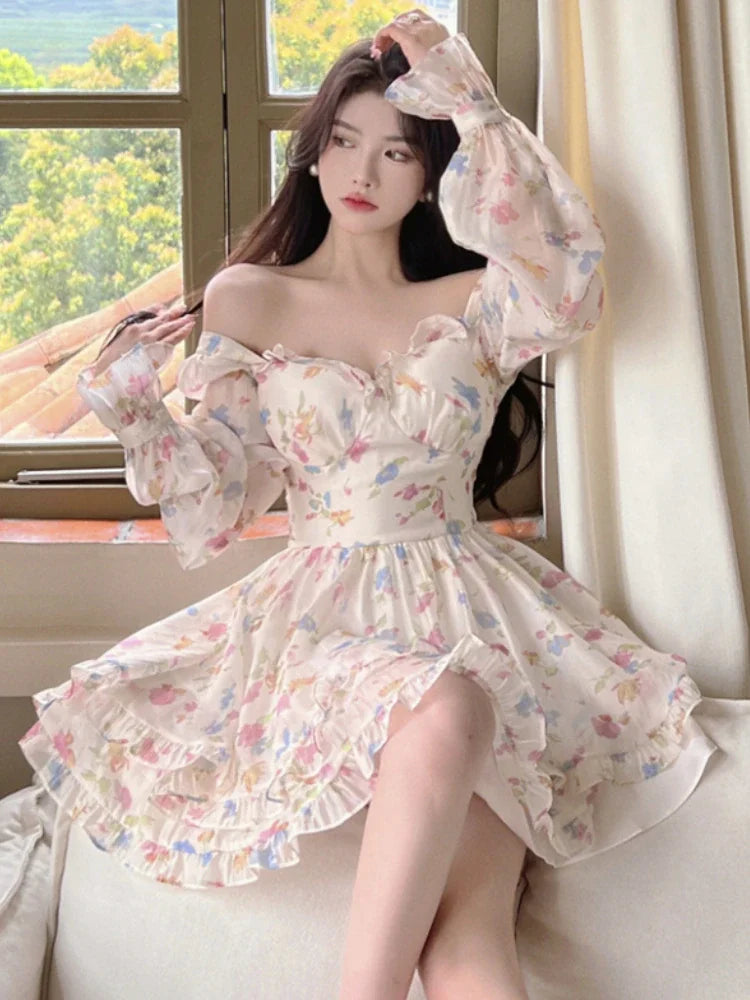 Chiffon Lace Floral Fairy Sweet Ruffle Flounce Elegant Dress