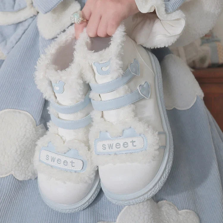 Korean Blue Warm Plush Kawaii Sweet Heart Shoes