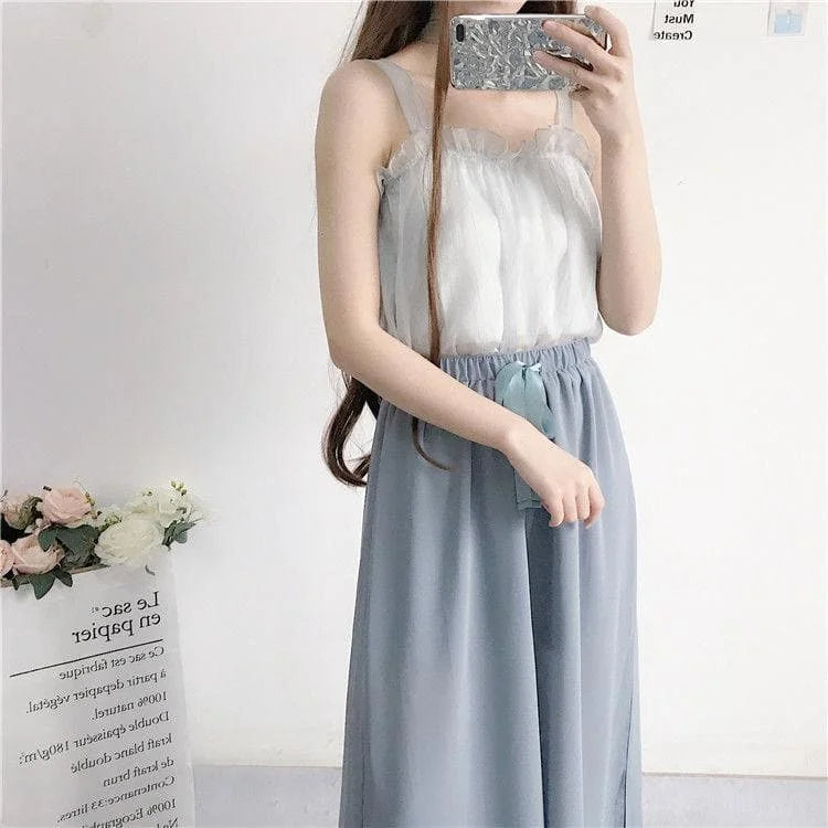 Spring/Summer Comfy Casual Fashion White Top and Blue Pants Set