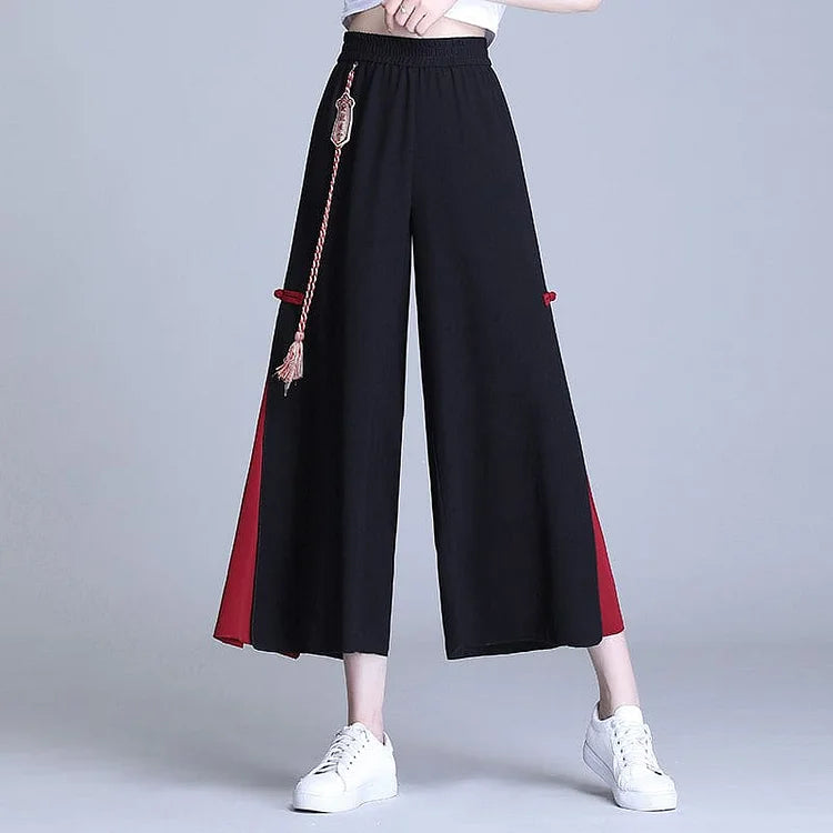 Embroidery Golden Dragon Casual Black Red Pants