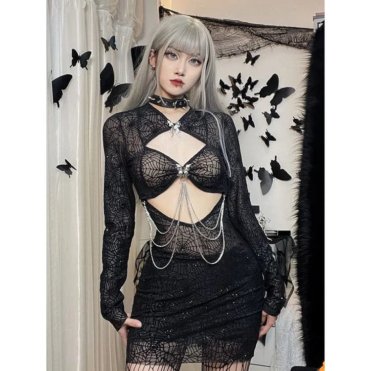 Cool Witch Spiderweb Cutout Bodycon Black Dress