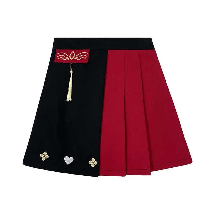 Sweet Embroidery Black Red T-shirt Skirt Set