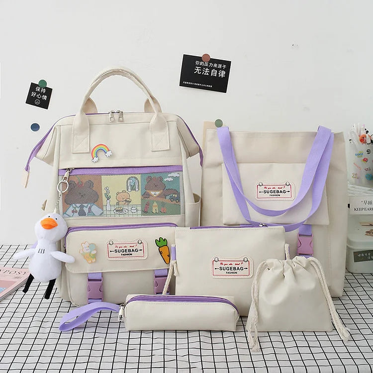 5Pcs/set Lovely Canvas School Backpack