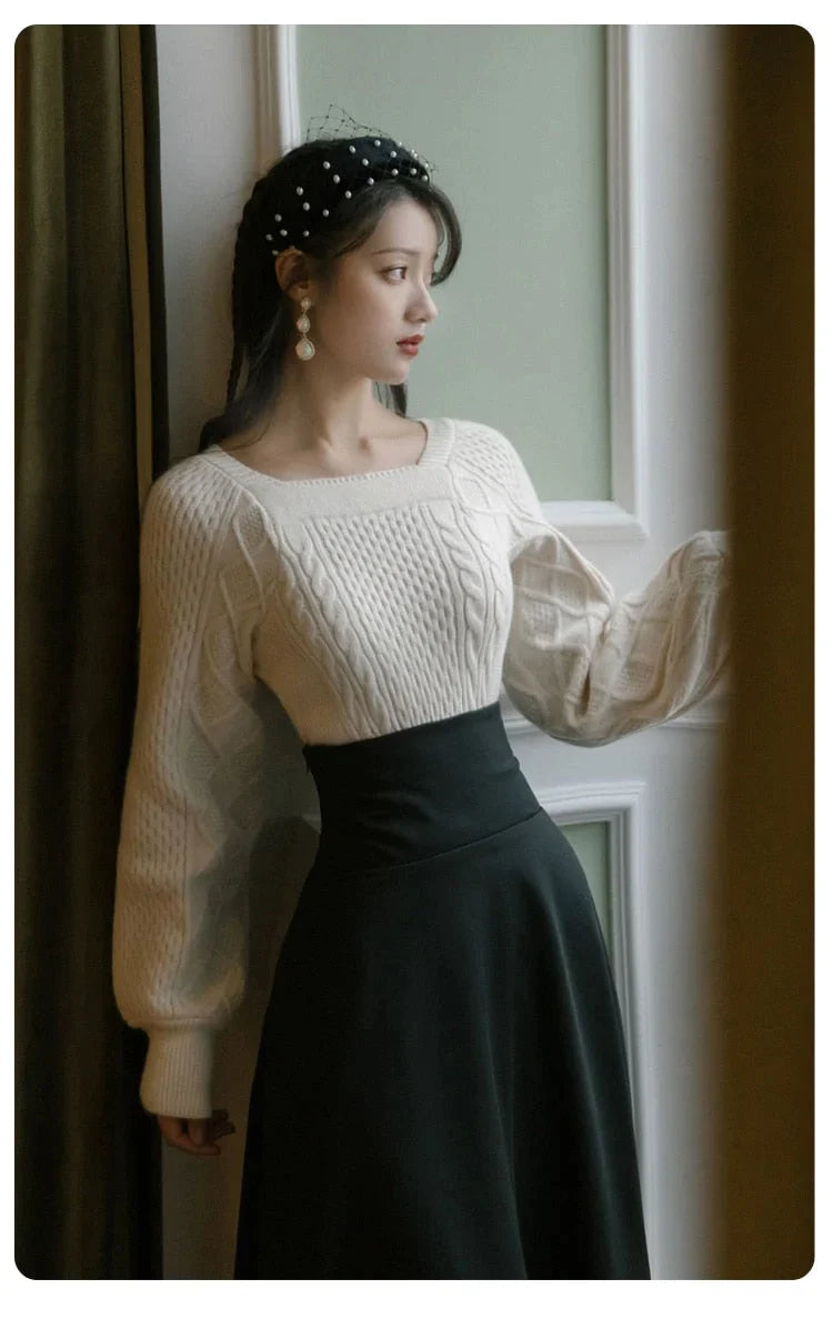 Dark Academia Vintage White Pullover Sweater & Black Bandage Maxi Skirt Suit Set