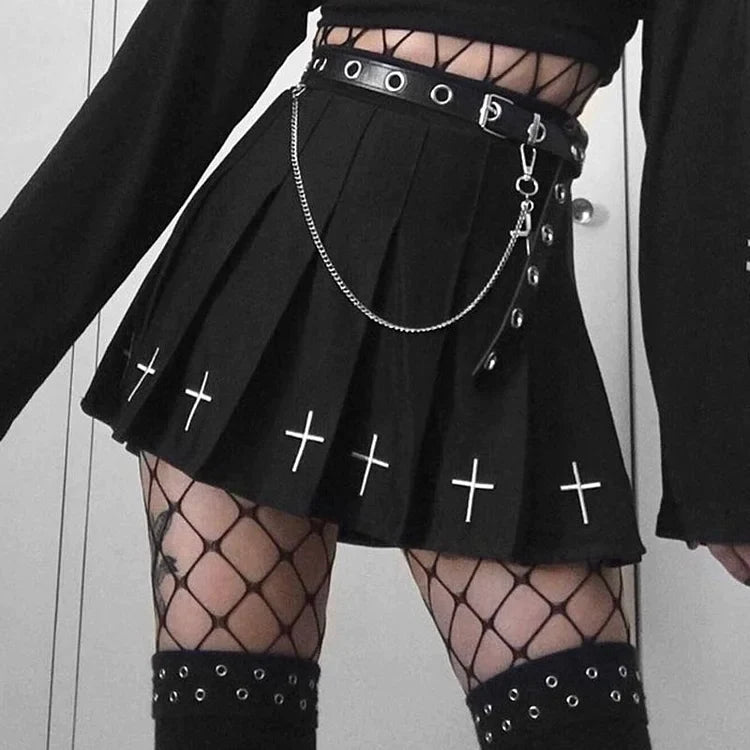 Gothic Cross Print Black Pleated Skirts