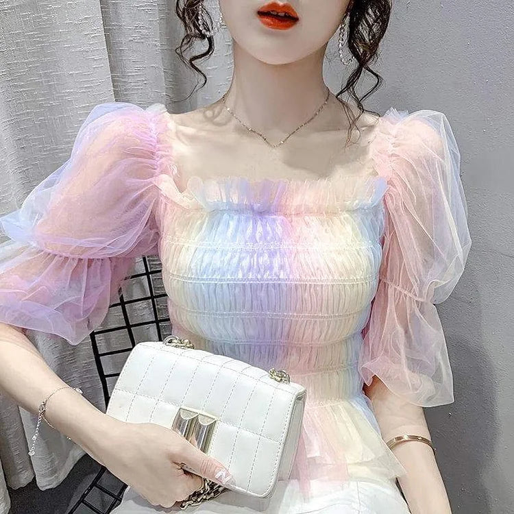 Cute Rainbow Puff Sleeve Square Collar Blouse