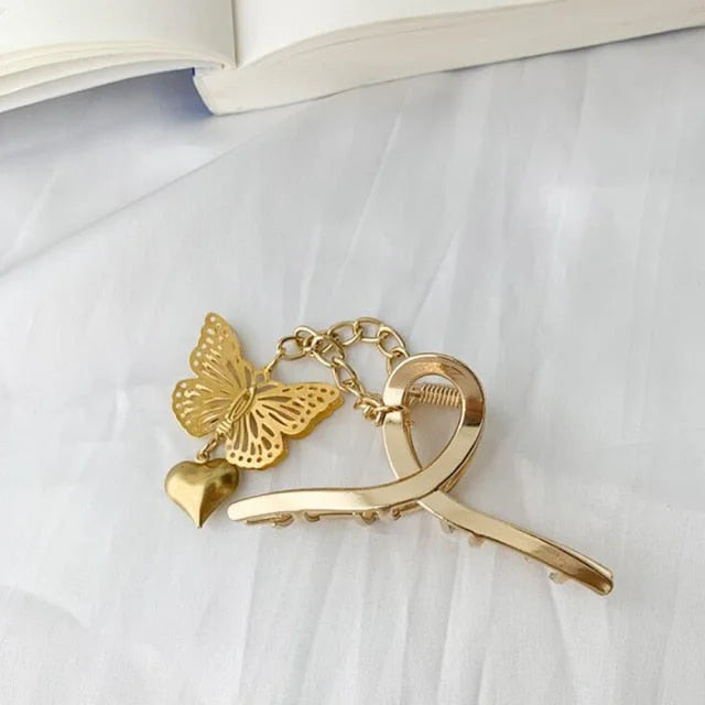 Hollow Out Butterfly Heart Tassel Metal Silver Hair Clip