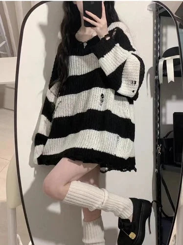 Grunge egirl Style Black Pink Stripes Fashion Sweater