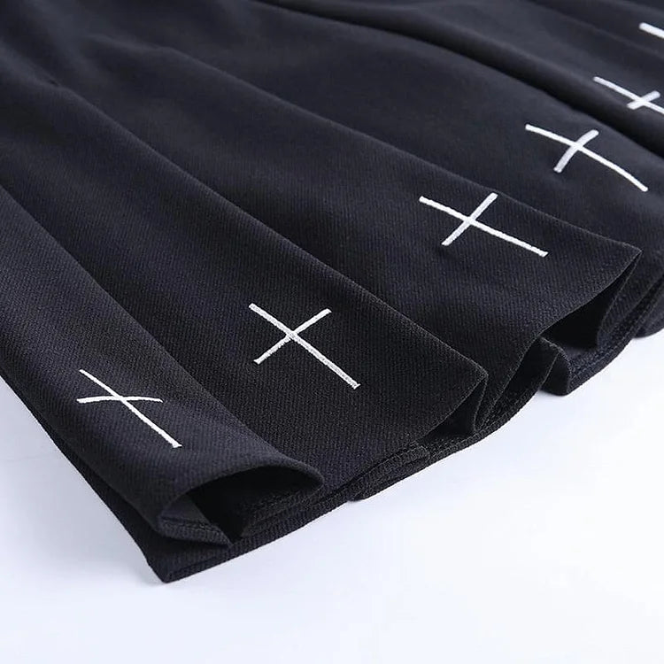 Gothic Cross Print Black Pleated Skirts