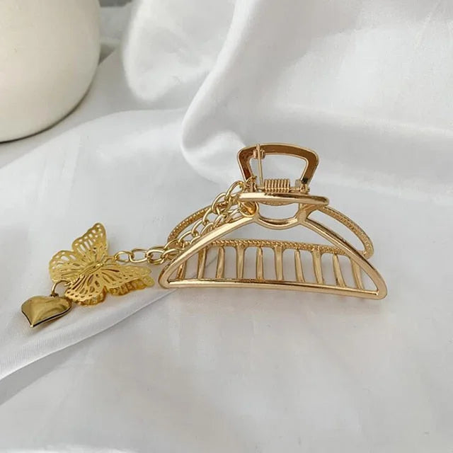 Hollow Out Butterfly Heart Tassel Metal Silver Hair Clip