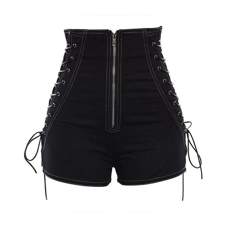 Gothic Straight Thin High Waist Zipper Black Shorts