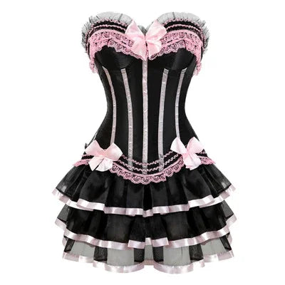 Burlesque Corsets with Skirt Striped Floral Lace Up Corset Bustier