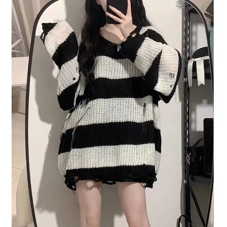 Grunge egirl Style Black Pink Stripes Fashion Sweater