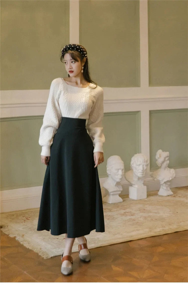 Dark Academia Vintage White Pullover Sweater & Black Bandage Maxi Skirt Suit Set