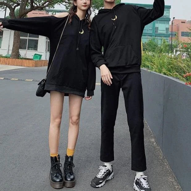 Black Loose Moon Couple Hoodie Jumper