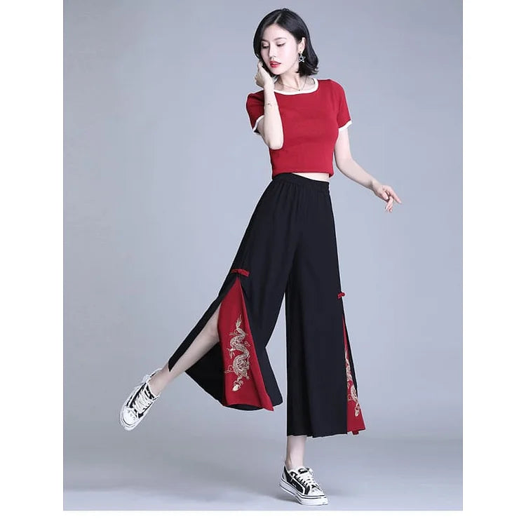 Embroidery Golden Dragon Casual Black Red Pants