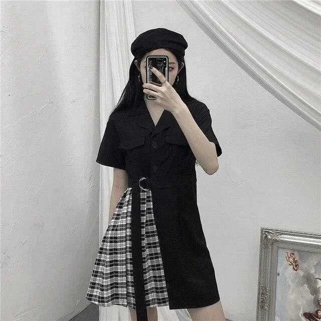 Gothic Black Patchwork Plaid Dress