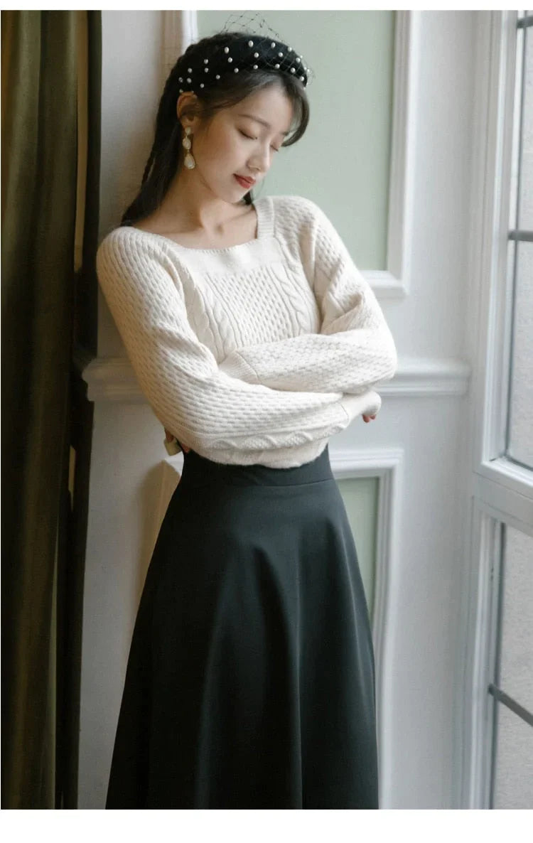 Dark Academia Vintage White Pullover Sweater & Black Bandage Maxi Skirt Suit Set