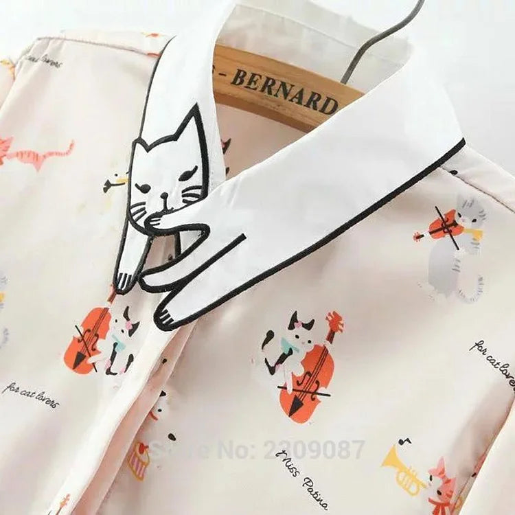 Neko Atsume Cute Cat Collar Printing Blouse