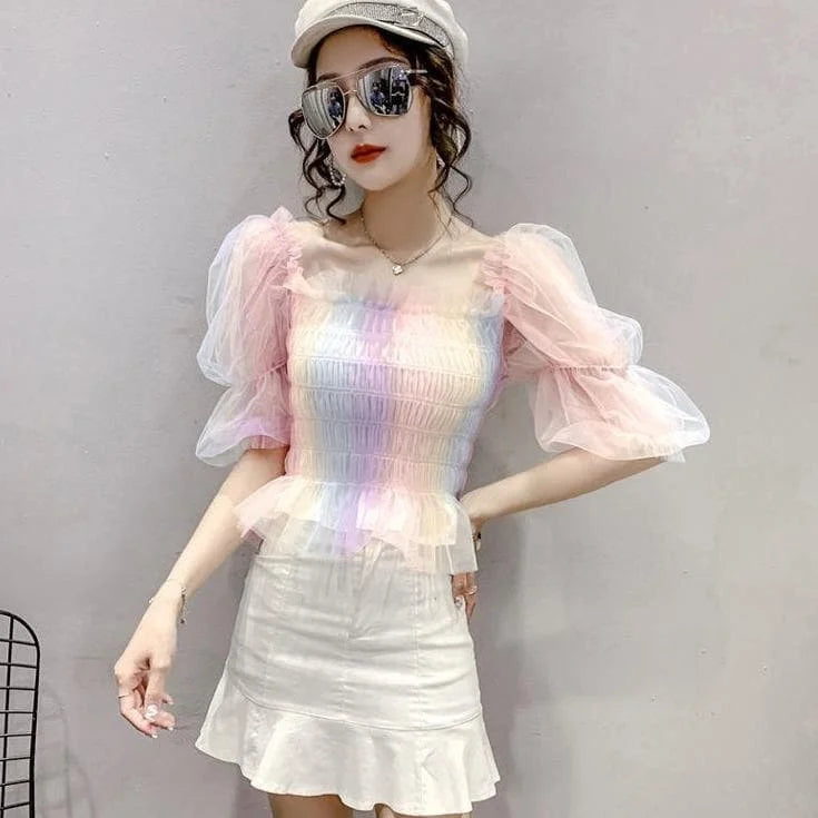 Cute Rainbow Puff Sleeve Square Collar Blouse