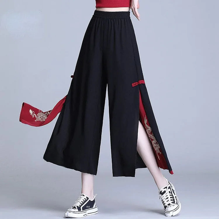 Embroidery Golden Dragon Casual Black Red Pants