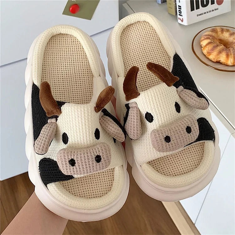 Home Slippers Women Outer Wear Sandals Cute Little Cow Linen Summer Anti-Slip Sweat-Absorbent Couple Cotton