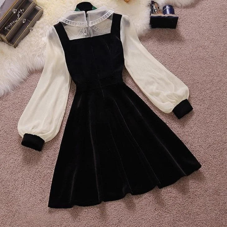 Elegant Vintage Black Lantern Sleeve High Waist Slim Dress