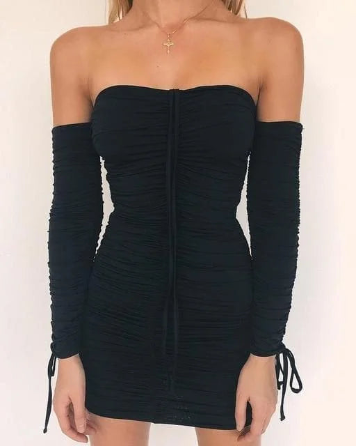 Off Shoulder Long Sleeve Slim Elastic Bodycon Bandage Party Dress