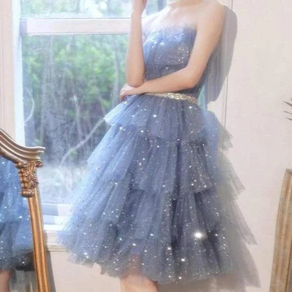 Dreamy Kawaii Blue Ruffle Sparkles Strapples Puffy Tulle Dress