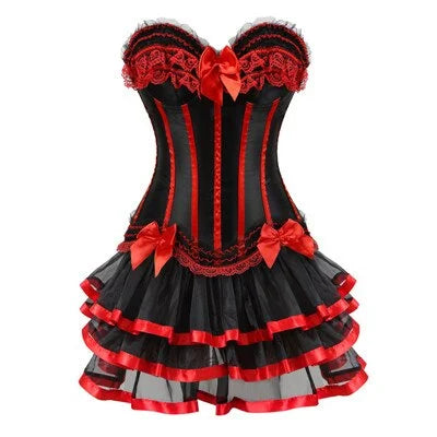 Burlesque Corsets with Skirt Striped Floral Lace Up Corset Bustier