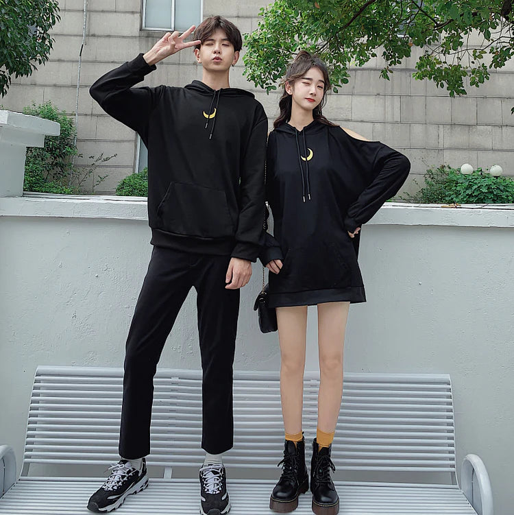 Black Loose Moon Couple Hoodie Jumper