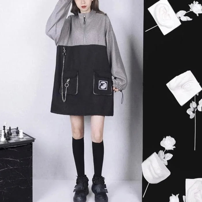 Whale Zipper Chain Pocket Sweatshirt Buckle Strap Dress