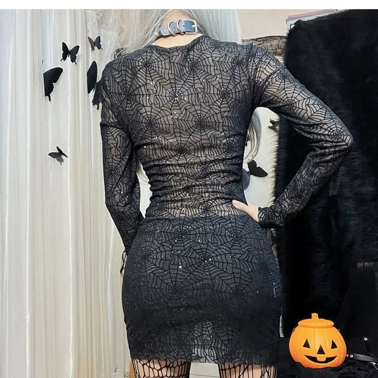 Cool Witch Spiderweb Cutout Bodycon Black Dress