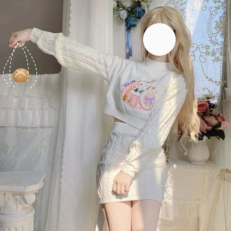 Cute Rabbit Pattern Long Sleeve Sweater Half-length Skirt Two Piece Set