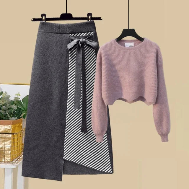 S-4XL Plus Size Warm Long Sleeve Knitted Sweater and High Waist Skirt Set