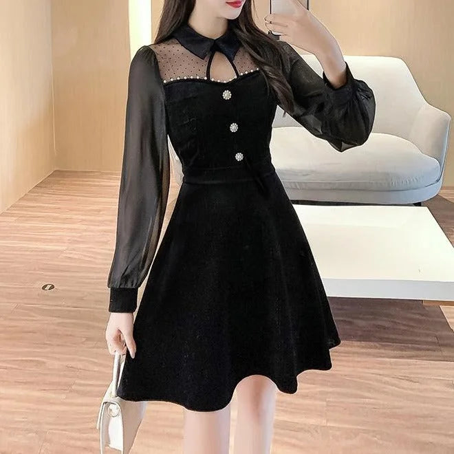 Elegant Vintage Black Lantern Sleeve High Waist Slim Dress