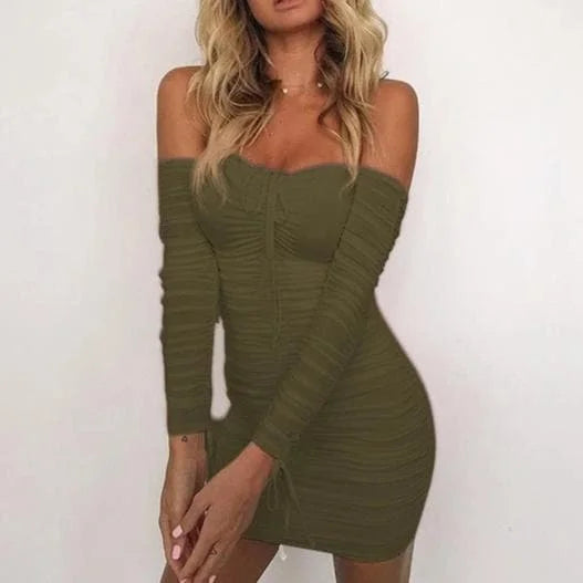 Off Shoulder Long Sleeve Slim Elastic Bodycon Bandage Party Dress