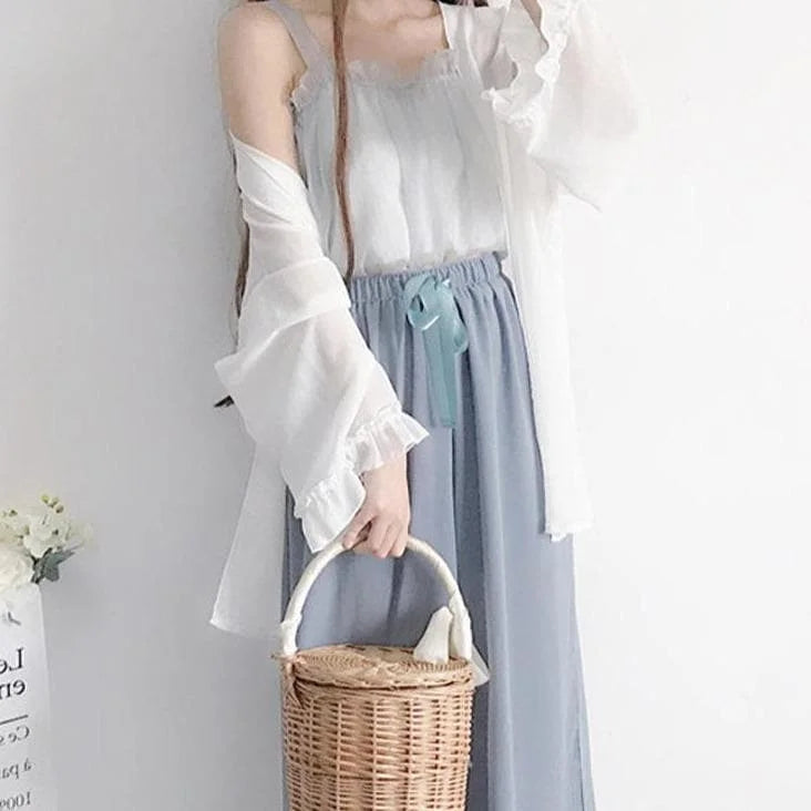 Spring/Summer Comfy Casual Fashion White Top and Blue Pants Set