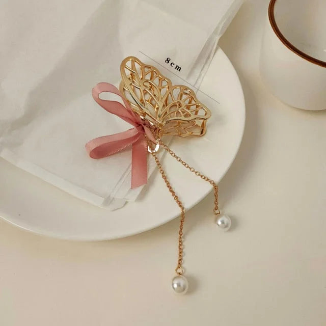 Hollow Out Butterfly Heart Tassel Metal Silver Hair Clip