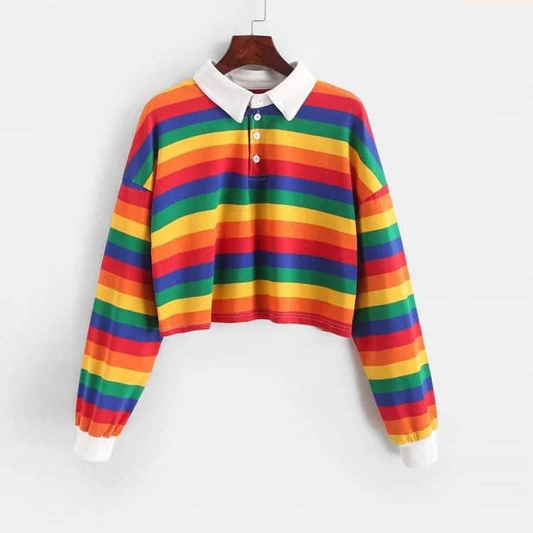 Rainbow Patchwork Button Turndown Hoodie Sweatshirt