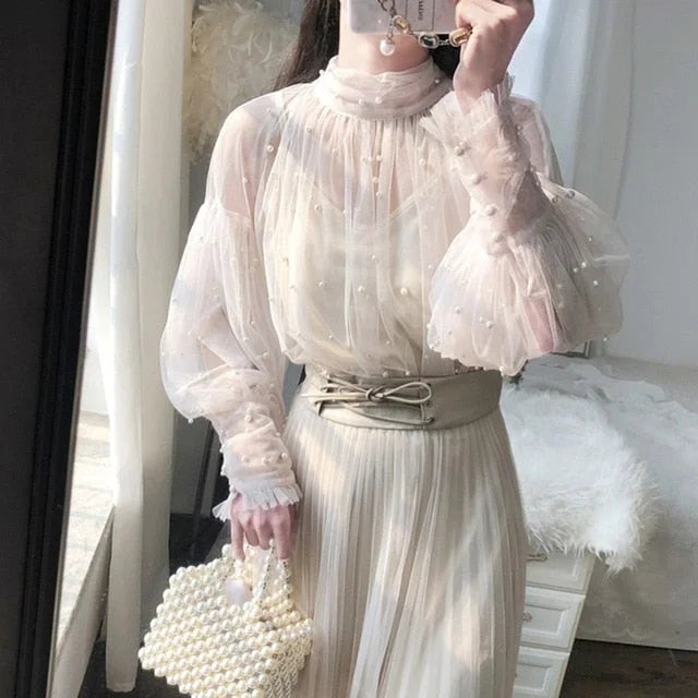 S-2XL Sweet Beading Lantern Sleeve Pearls White Chiffon Blouse