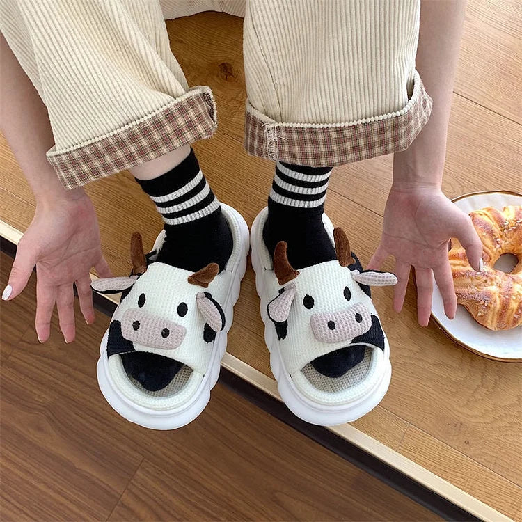 Home Slippers Women Outer Wear Sandals Cute Little Cow Linen Summer Anti-Slip Sweat-Absorbent Couple Cotton