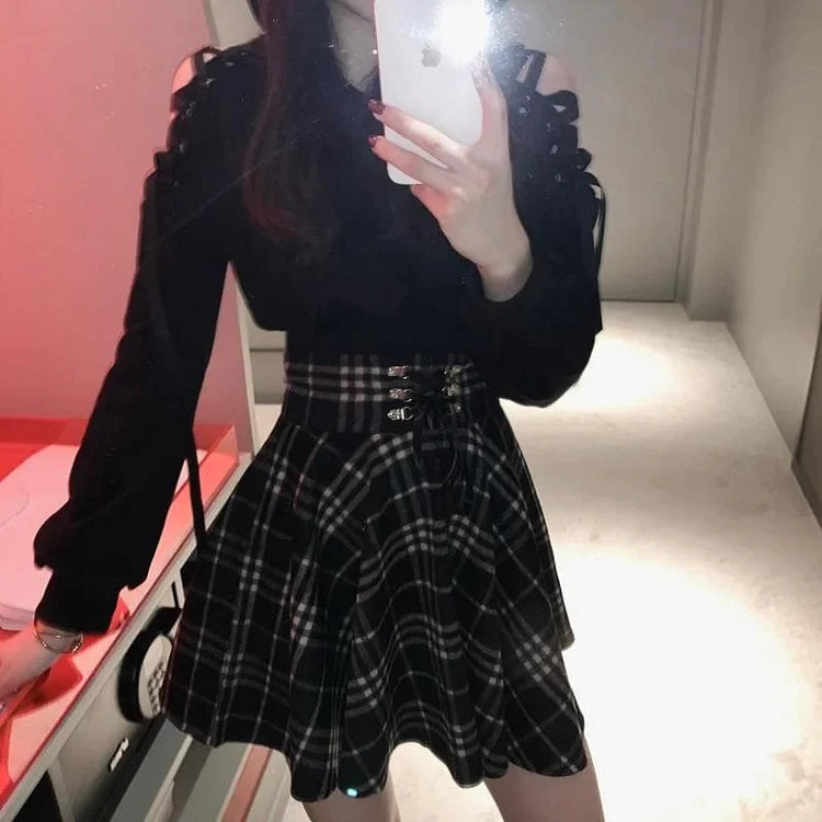 Gothic Suit Cat Ear Short Sweatshirt Tops And Lace Up Gingham High Waist Skirt