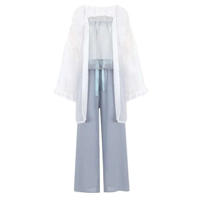 Spring/Summer Comfy Casual Fashion White Top and Blue Pants Set