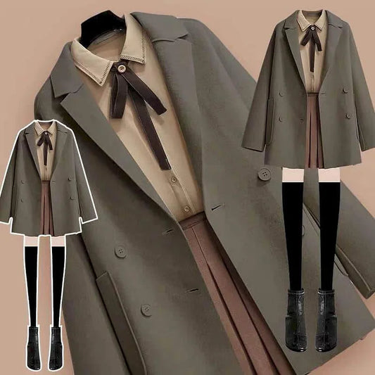 Dark Academia Woolen Coat Three-Piece With Jacket, Blouse, And Short Skirt