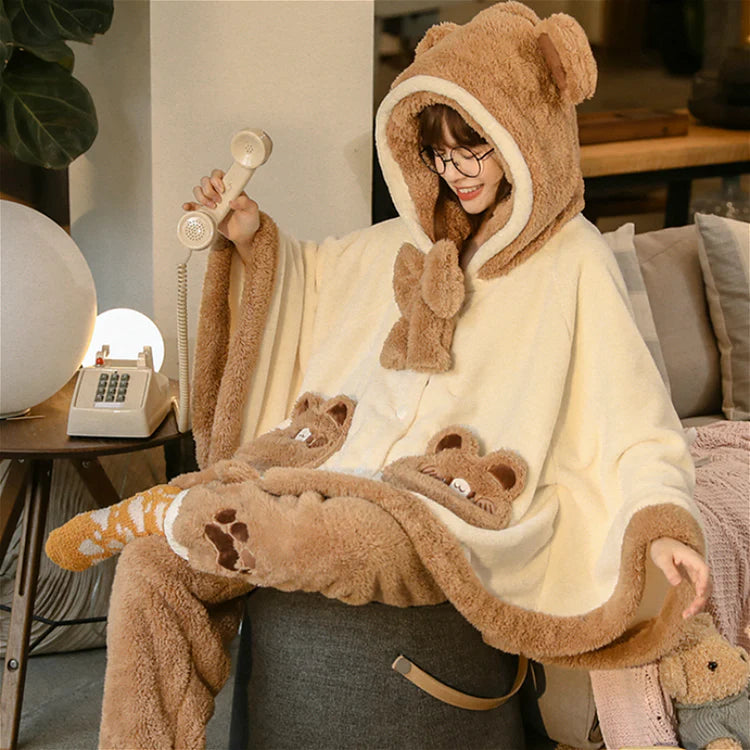 Bear Ears Pocket Bow Hooded Pajama Set