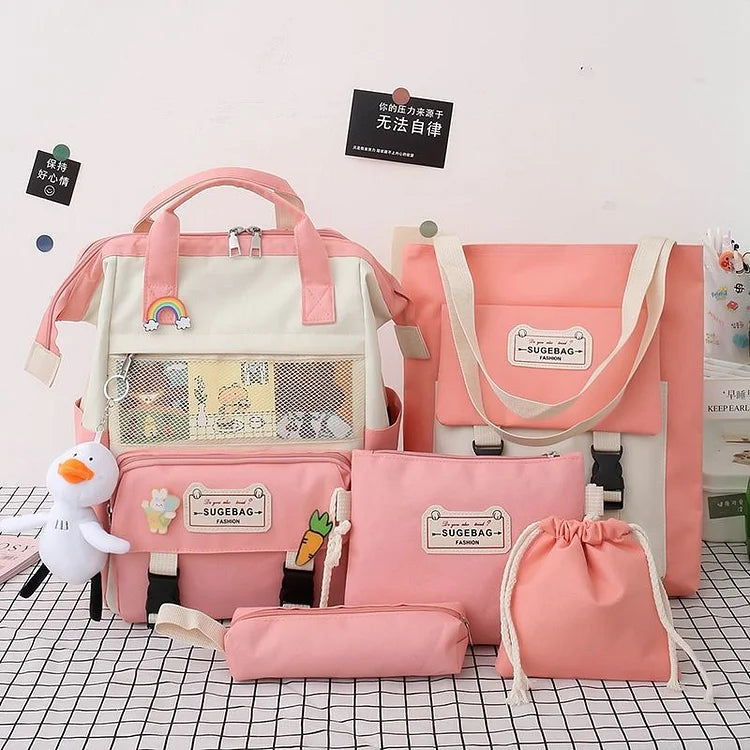 5Pcs/set Lovely Canvas School Backpack