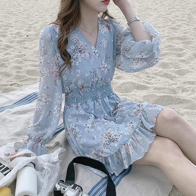 Date Wear Sweet Girls Long Sleeve Ruffled Floral Chiffon Dress